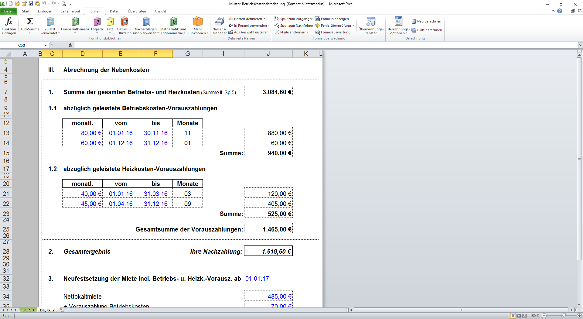 Muster-Betriebskostenabrechnung In Excel